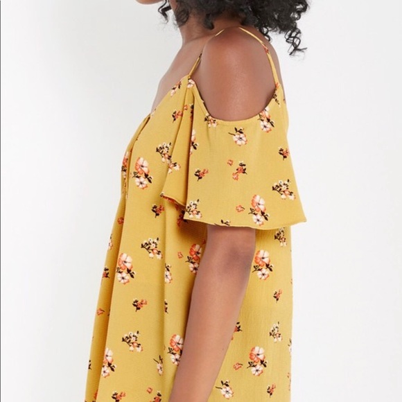Mustard Yellow Floral Print Cold Shoulder Top - Picture 3 of 5